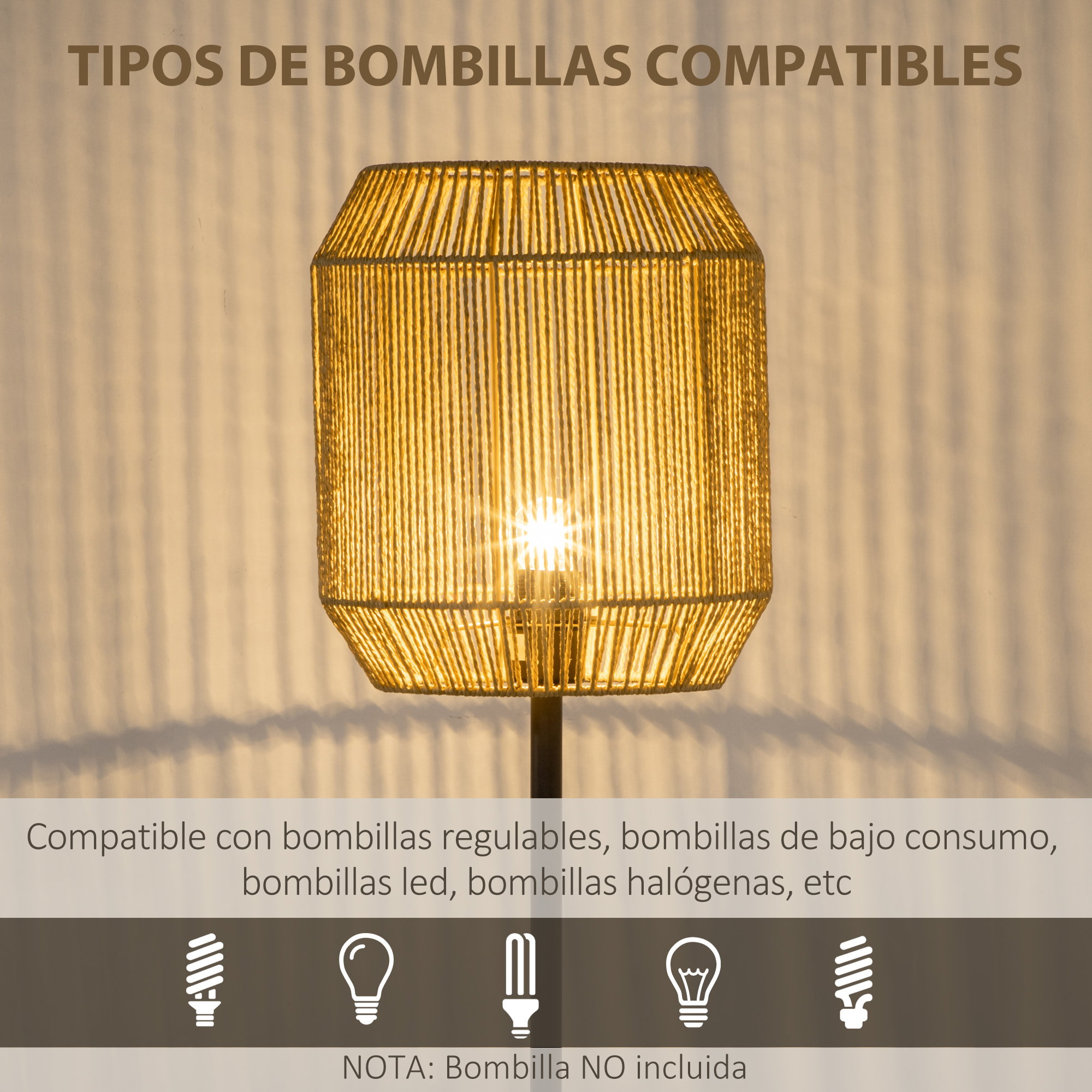 HOMCOM Lámpara de Pie para Salón Casquillo E27 Máx. 40W Lámpara de Suelo con Pantalla de Cuerda de Papel e Interruptor de Pie para Cocina Dormitorio Habitación Ø26x158 cm Natural y Negro