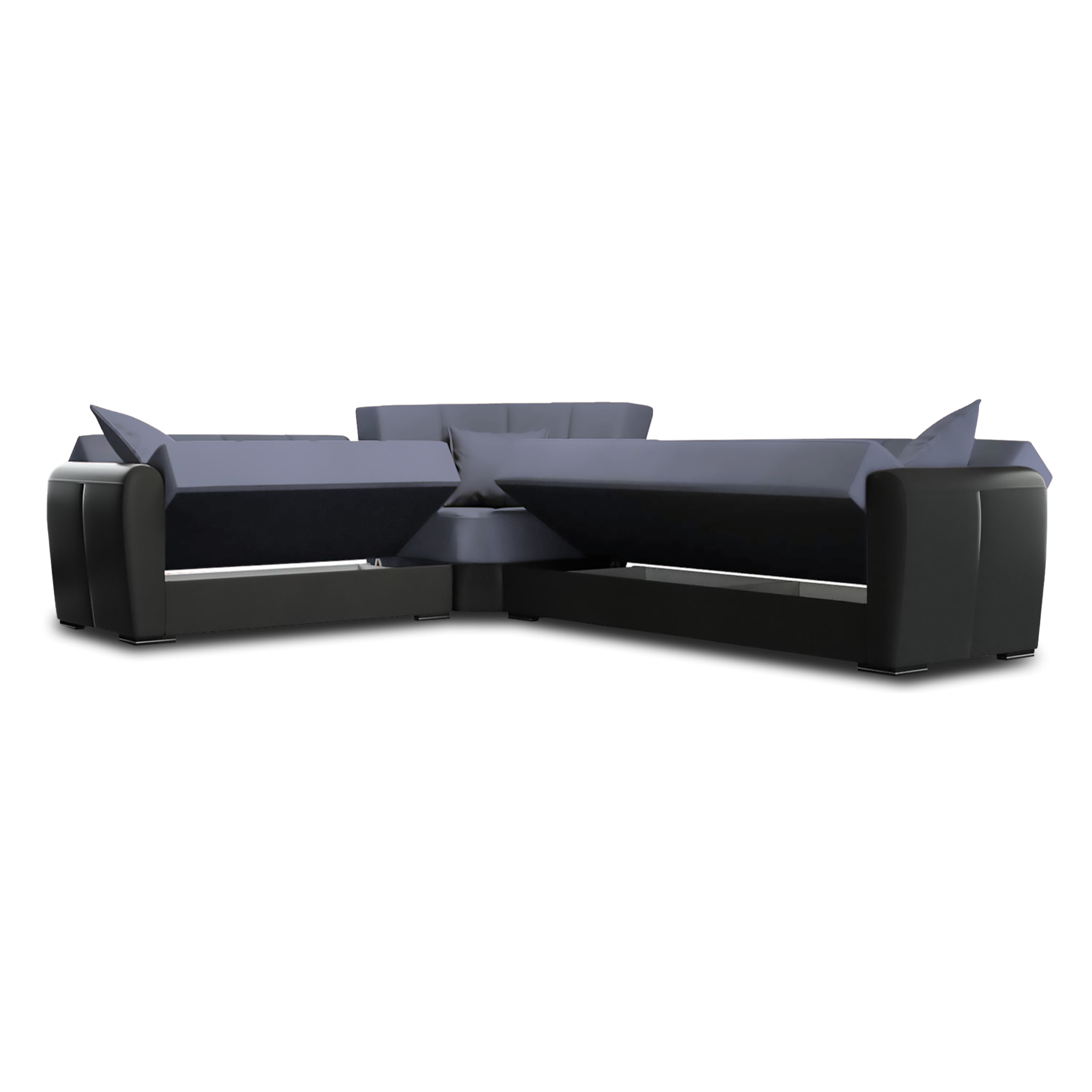 Divano letto Matias, Divano letto contenitore ad angolo in ecopelle e tessuto, Sofà da soggiorno con apertura click-clack e penisola reversibile, 305x238h91 cm, Nero e Grigio