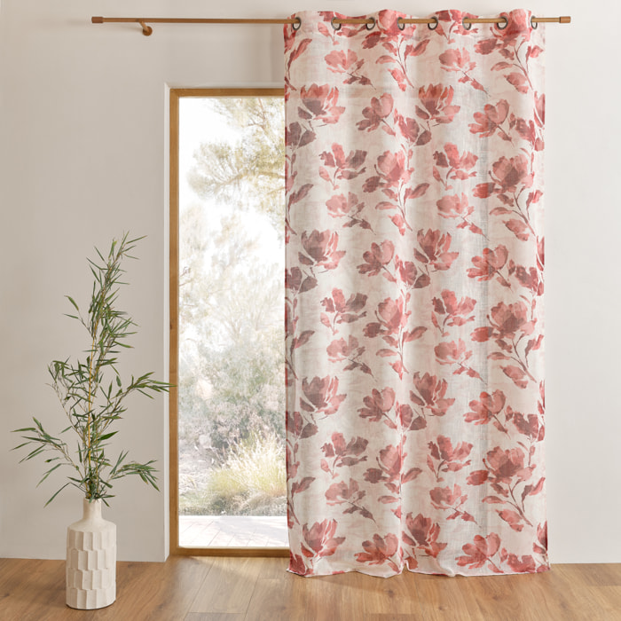 Voilage poly-lin imprimé à motif floral avec œillets - Bordeaux