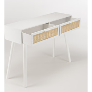 SANDRO - Console blanche 2 tiroirs cannage naturel