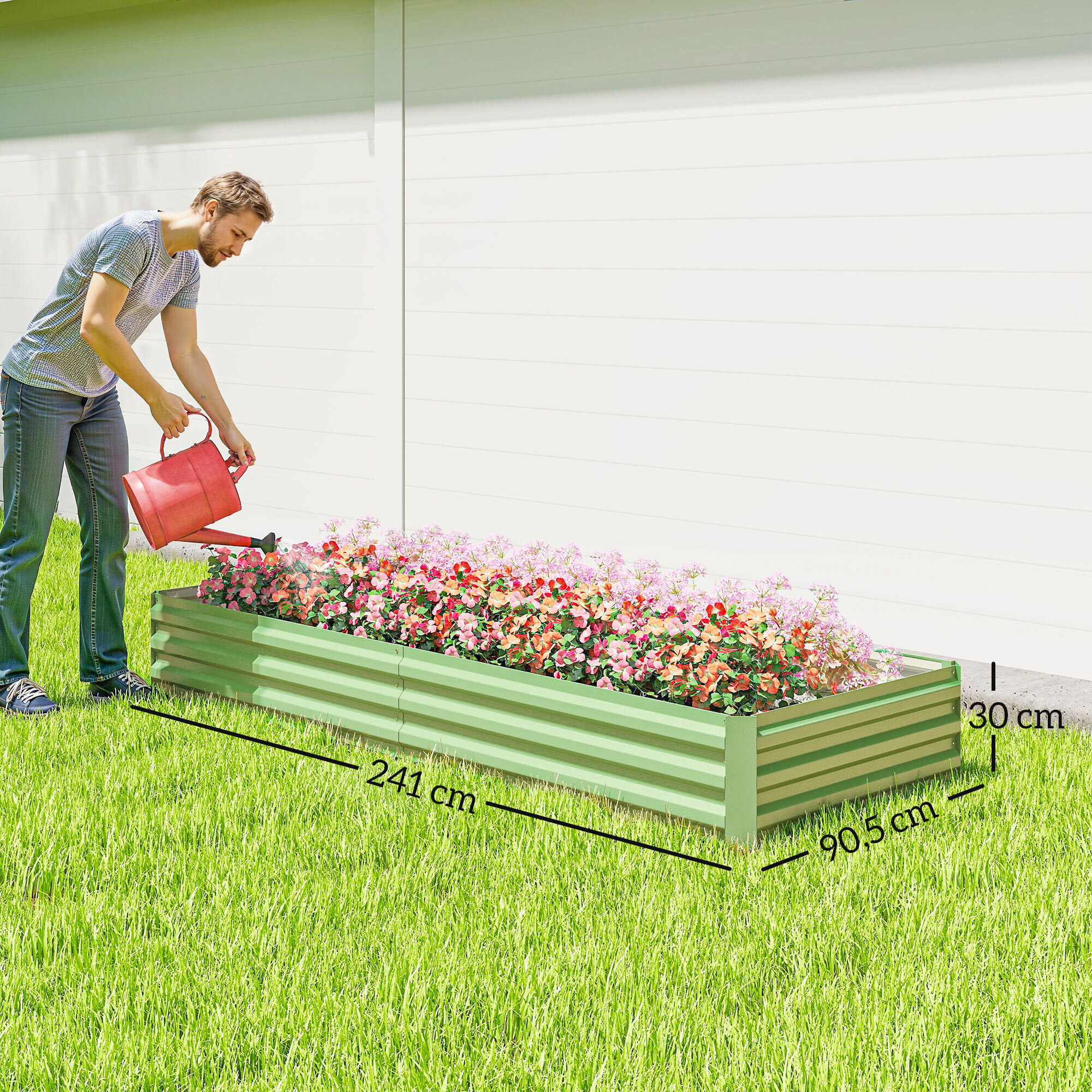 Carré potager de jardin dim. 241L x 90l x 30H cm tôle d'acier ondulée vert clair