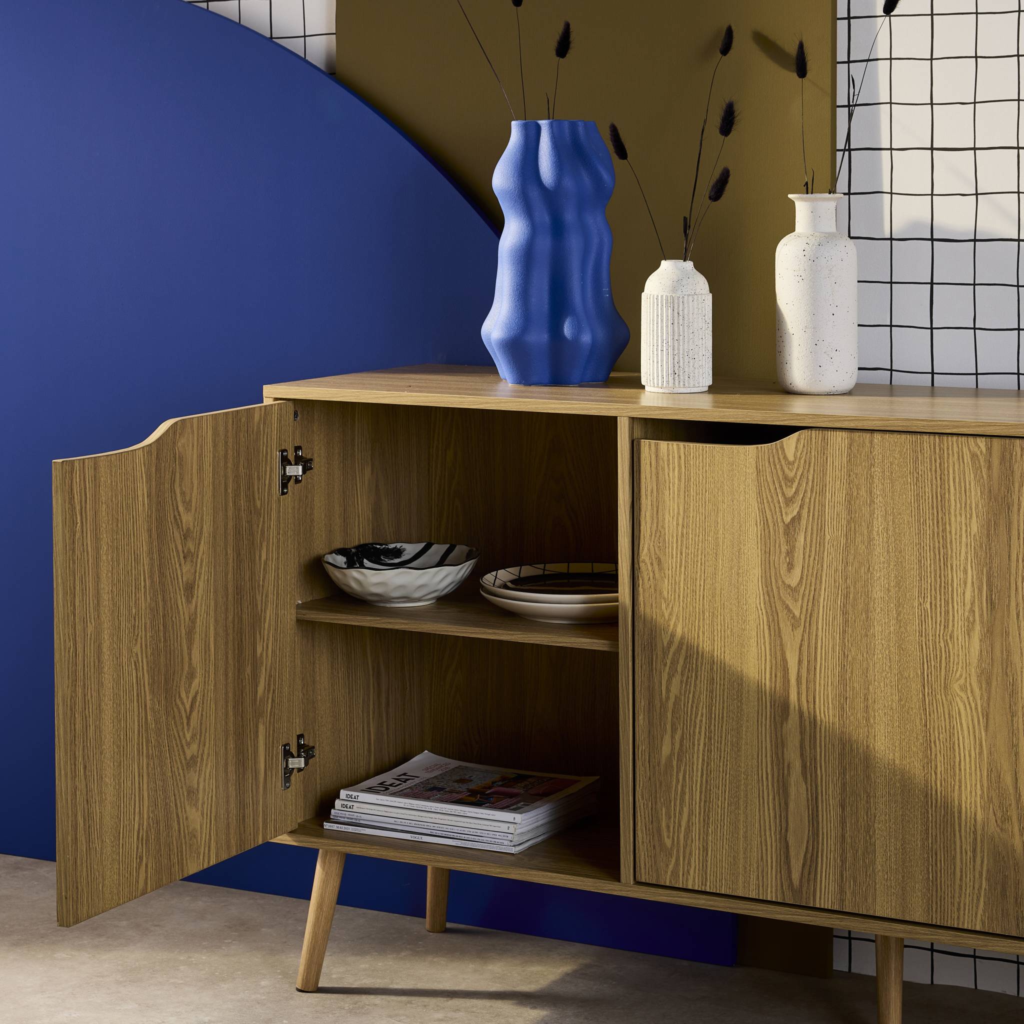 Buffet de rangement scandinave. buffet haut. vaisselier. 2 portes. 3 tiroirs. effet frêne. 160cm