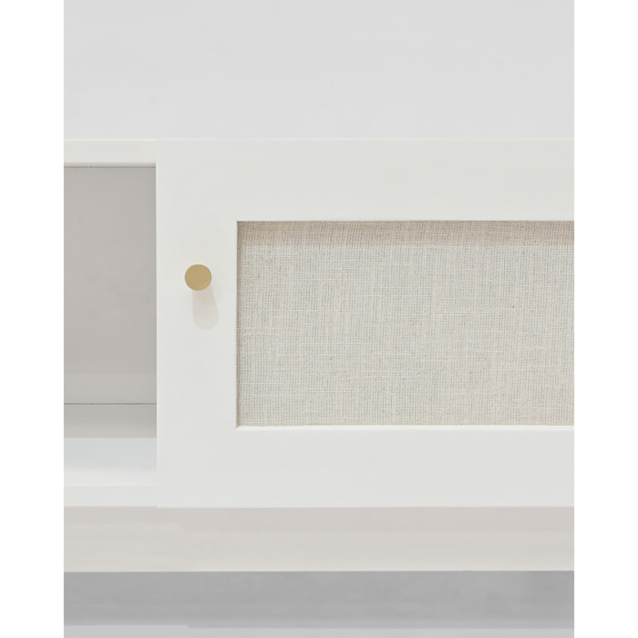 Meuble TV en bois massif et toile de lin avec 2 portes en blanc 150x40cm Hauteur: 40 Longueur: 150 Largeur: 42