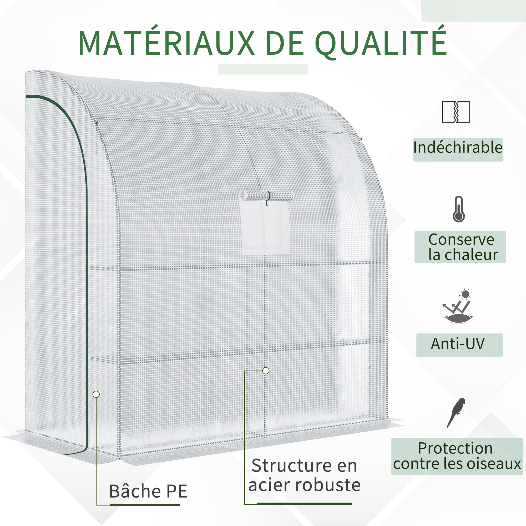 Serre de jardin adossée serre adossée dim. 2L x 1l x 2,13H m 4 étagères 2 portes zippées 1 fenêtre acier PE haute densité blanc