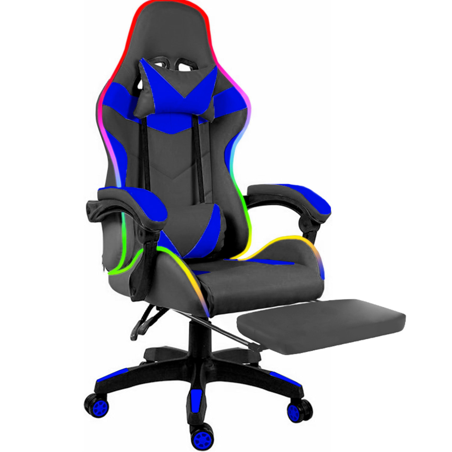 Sedia Gaming Con LED RGB Telecomando Poltrona Ufficio Scrivania Casa PC Racing Girevole Ergonomica Ecopelle Cuscino Lombare Poggiapiedi Nero Blu