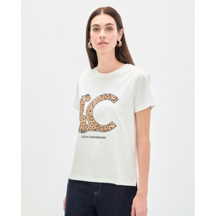 T-shirt bianca con stampa animalier con logo LC