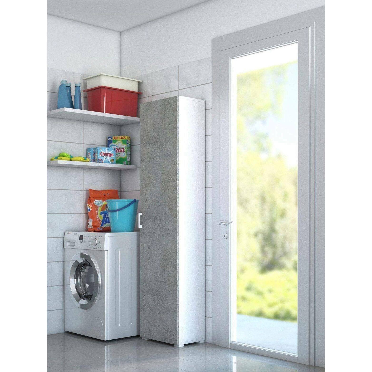 Armadio multiuso Aquilegia, Mobile lineare a 1 Anta battenti e 4 ripiani regolabili, Mobile a colonna per bagno, 100% Made in Italy, Cm 45x45h195, Cemento e Bianco