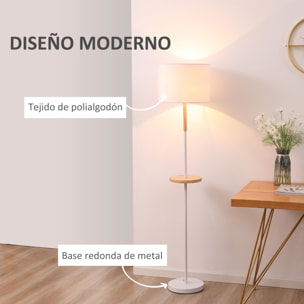 HOMCOM Lámpara de Pie con Estante de Madera Pantalla de Tela Casquillo E27 Máx. de 40W y Interruptor de Pie Moderno para Salón Dormitorio Estudio Ø35x155 cm Blanco