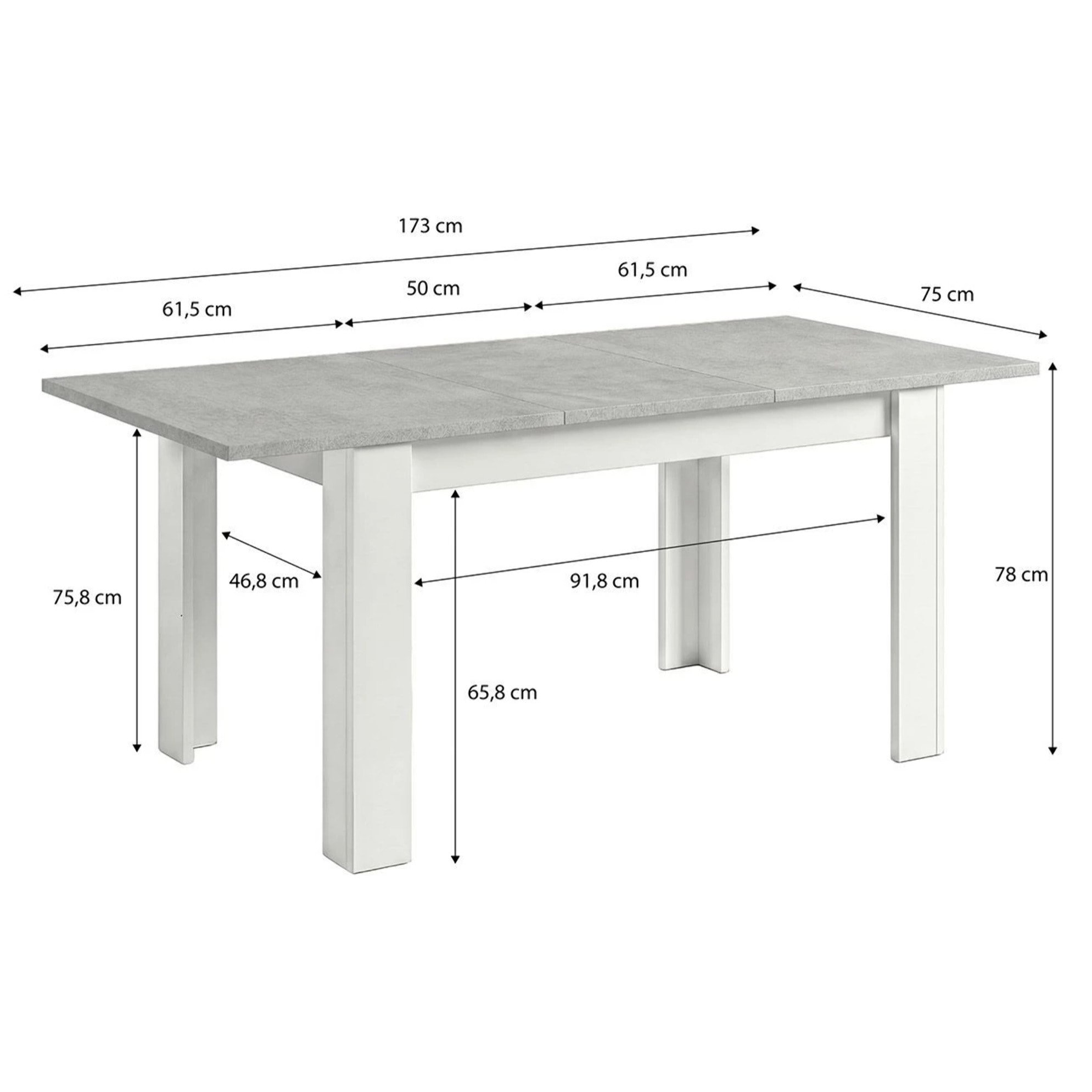 Mesa de comedor extensible en blanco artik y gris cemento 123-173x75 cm Sira Blanco Artik (Blanco Mate) - Gris Cemento