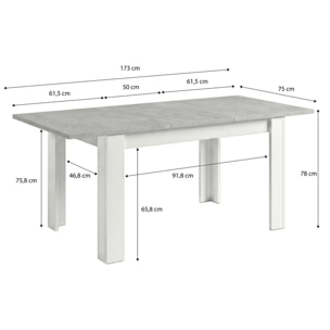 Mesa de comedor extensible en blanco artik y gris cemento 123-173x75 cm Sira Blanco Artik (Blanco Mate) - Gris Cemento