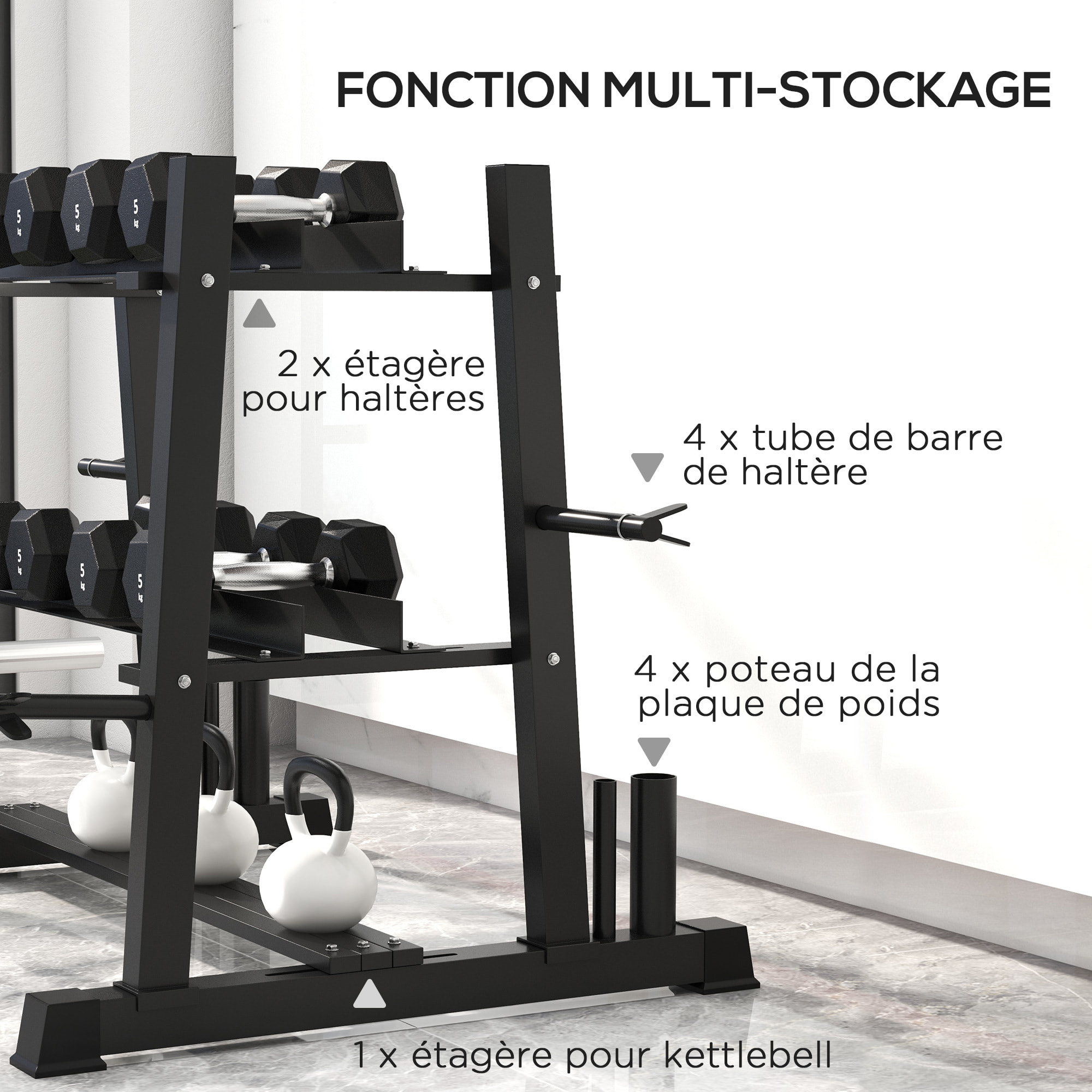 Support pour poids, haltères et barres - rack haltères multifonction - charge max. 200 Kg - acier noir