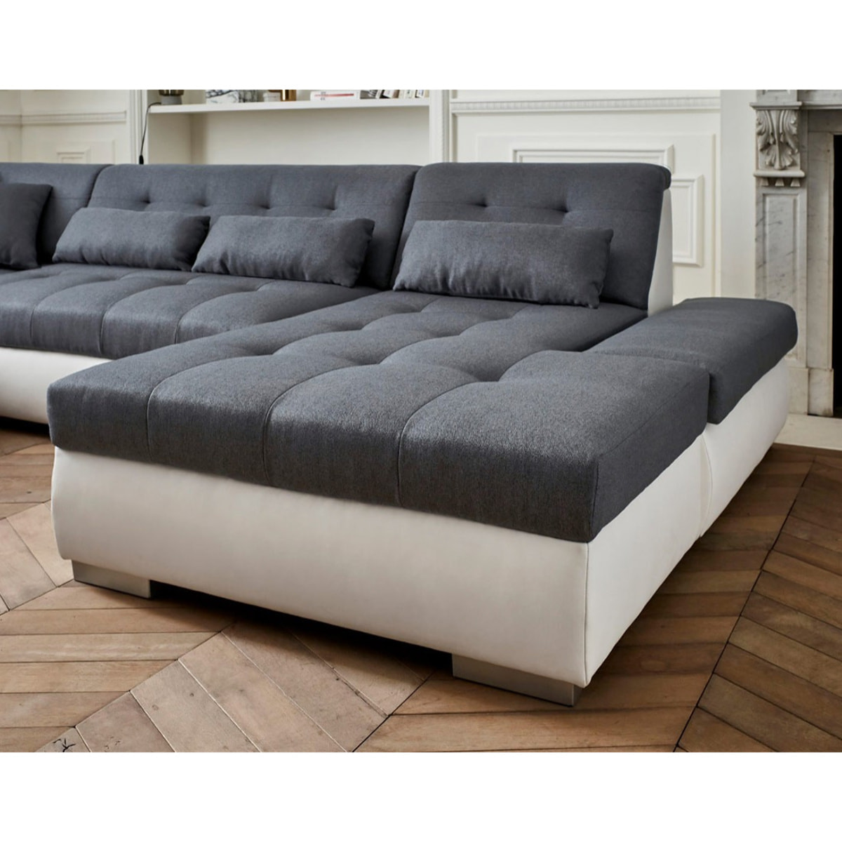 Vermont - canapé panoramique d'angle gauche - 7 places - XXL - Blanc / Gris