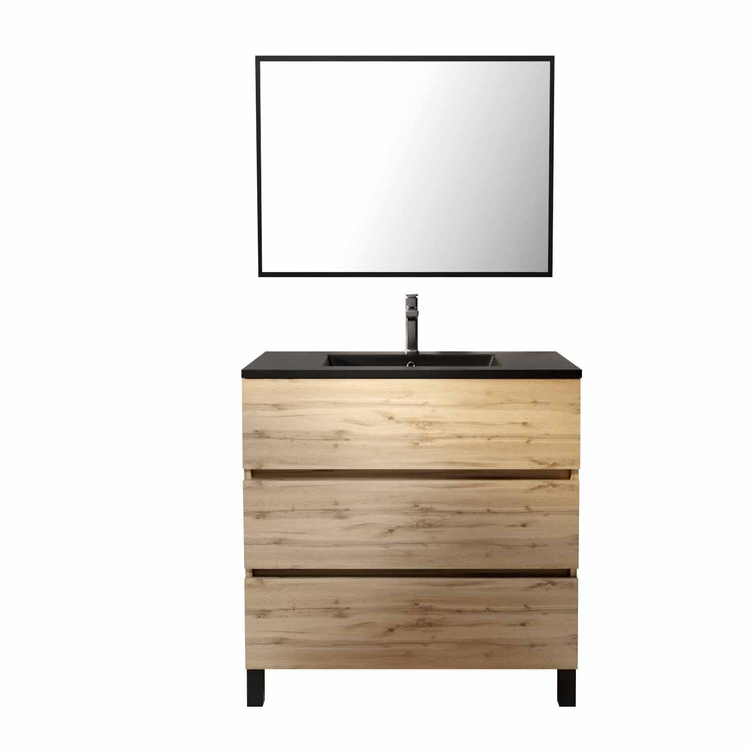 Meuble salle de bains 80cm décor chene naturel 3 tiroirs - Vasque noire et Miroir - TIMBER