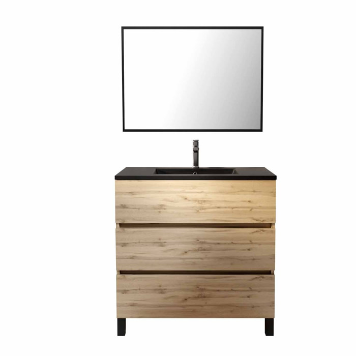 Meuble salle de bains 80cm décor chene naturel 3 tiroirs - Vasque noire et Miroir - TIMBER