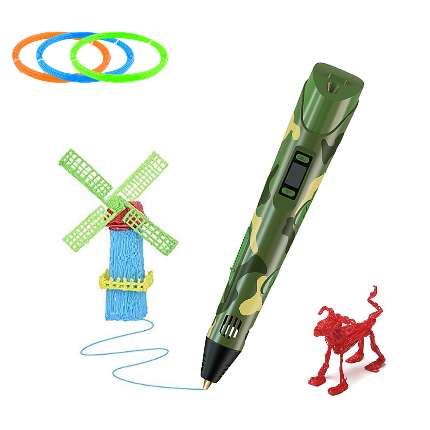 Printer Pen 3D. Alta temperatura, hasta 220 grados. Incluye 3 rollos de filamento PLA de 3 metros.