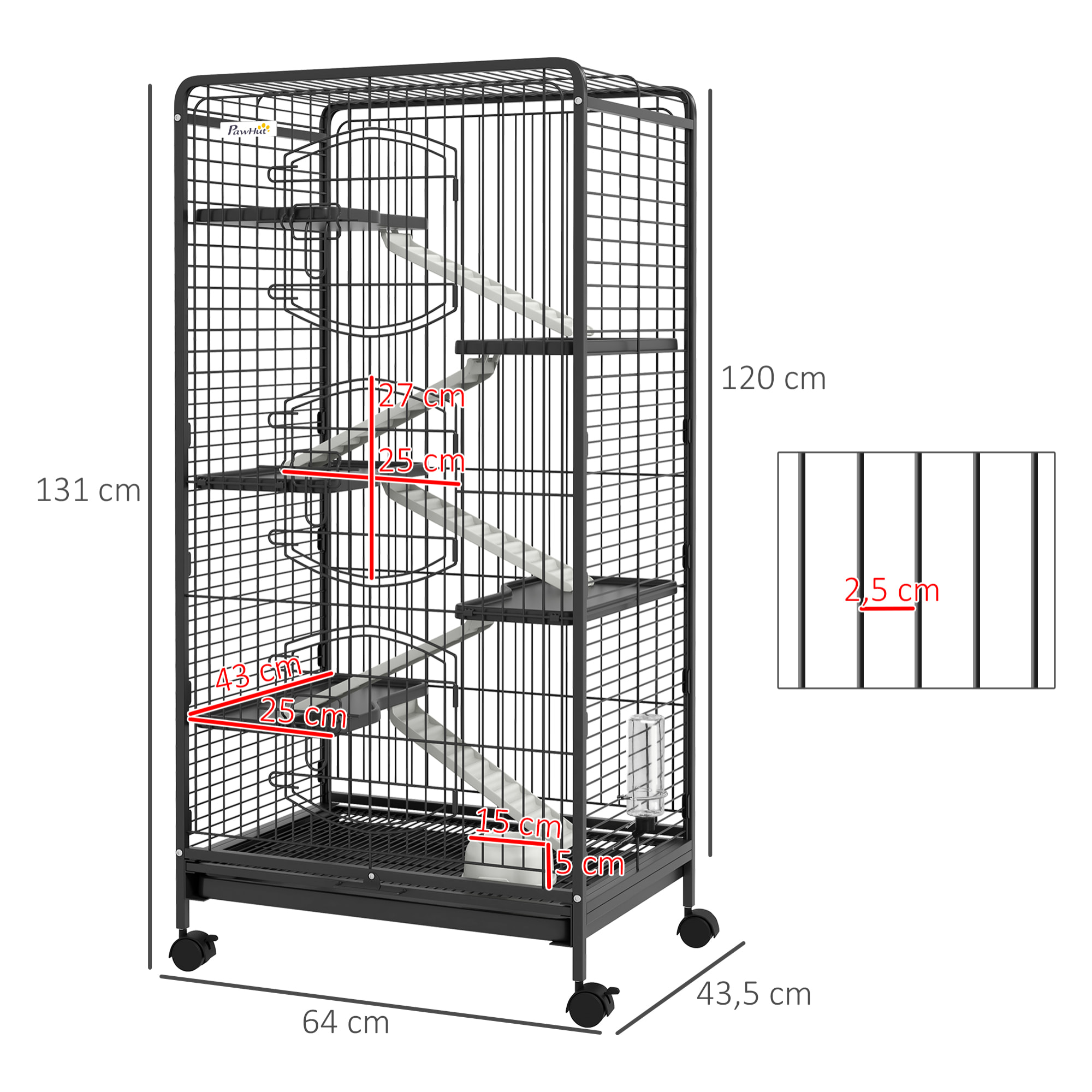 Cage pour petits animaux roulante 5 rampes 5 plateformes gamelle distributeur eau plateau amovible métal PP noir