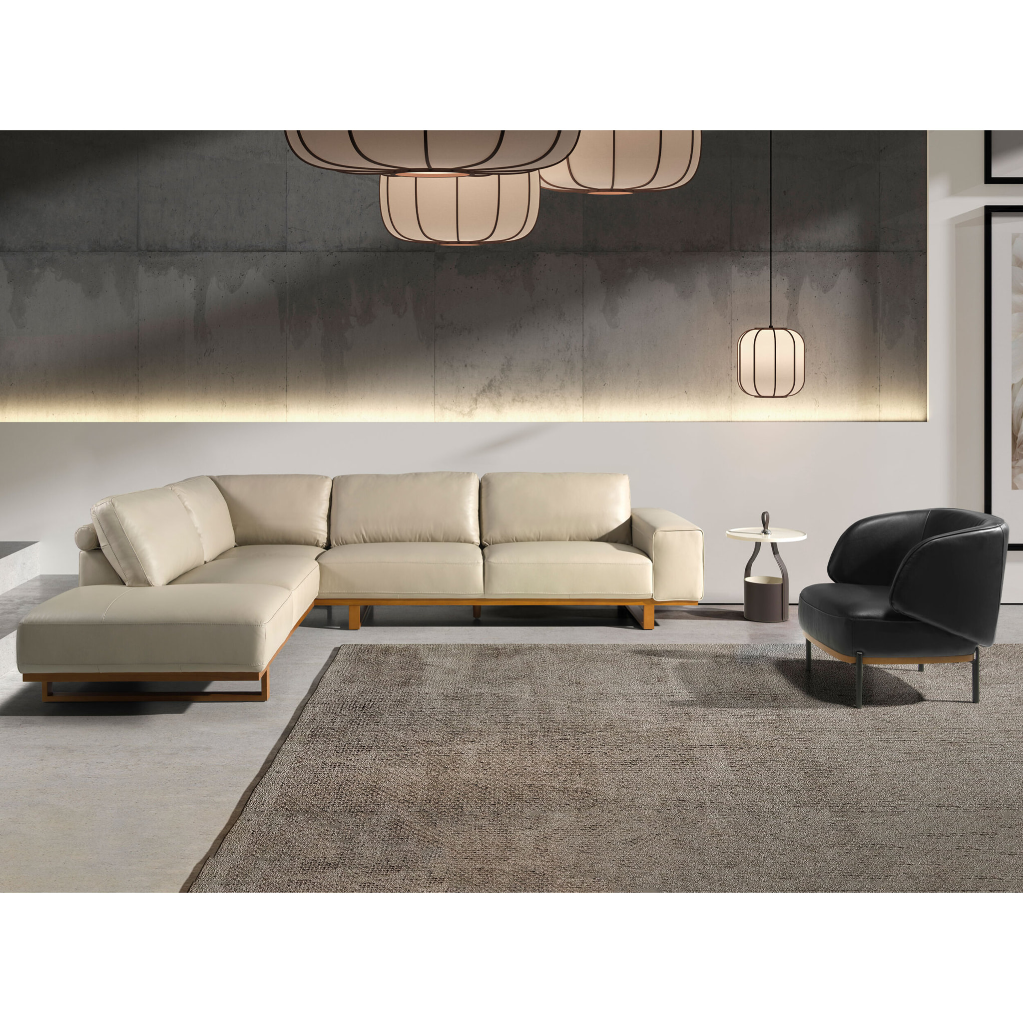 Sofá rinconera Angel Cerdá izquierda de 5 plazas tapizado en piel de origen vacuno en arena patas de madera en miel 316x252x82cm