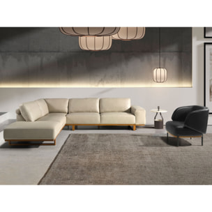 Sofá rinconera Angel Cerdá izquierda de 5 plazas tapizado en piel de origen vacuno en arena patas de madera en miel 316x252x82cm