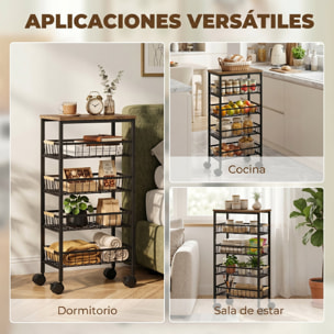 Carrito Auxiliar con Ruedas, Carrito de Cocina con 4 Cestas Extraíbles, Carga 15 kg, Marco Metálico, Tiradores de Madera, para Comedor, Sala de Estar, Baño, 40x24x81,5 cm, Marrón Rústico