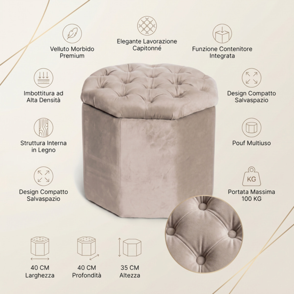 Pouf contenitore ottagonale in velluto - BEIGE