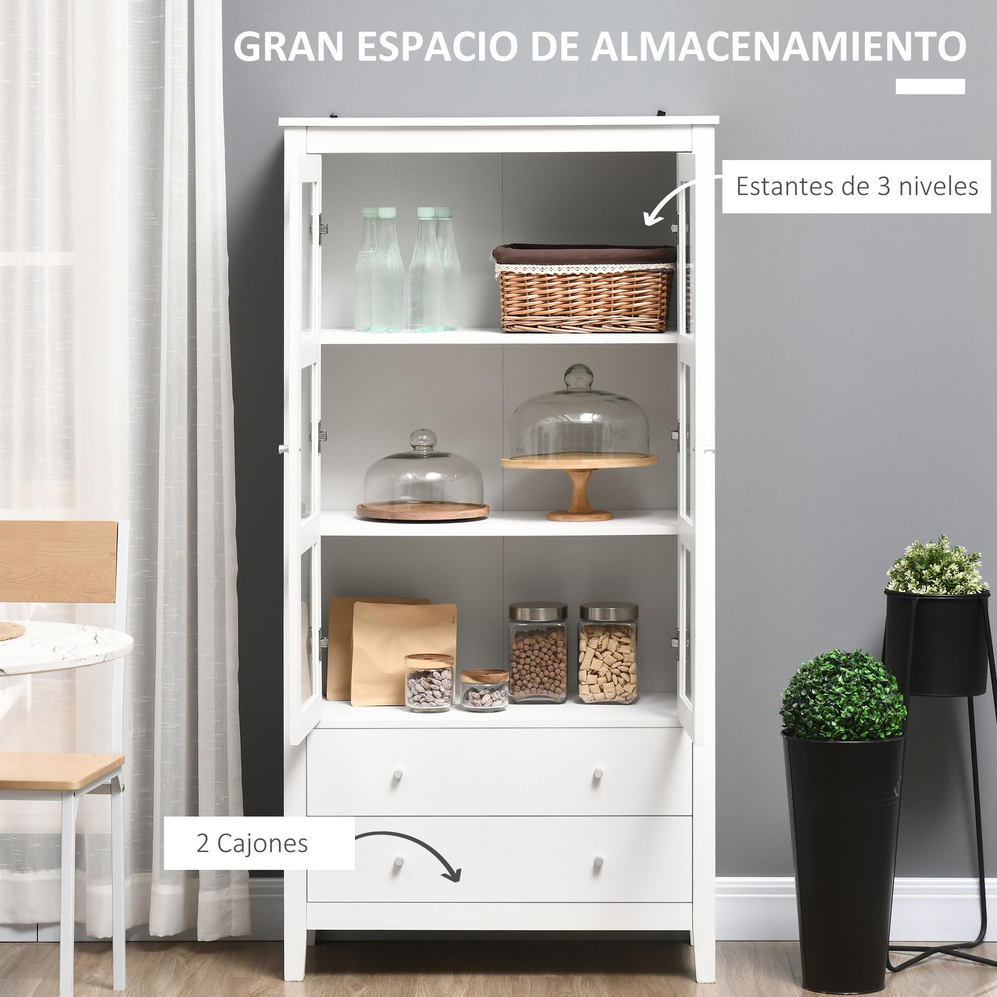 Vitrina de Salón Aparador de Cocina con 2 Puertas de Vidrio Templado 3 Estantes 2 Cajones y Bisagras de Cierre Suave para Comedor Oficina 80x40x160 cm Blanco