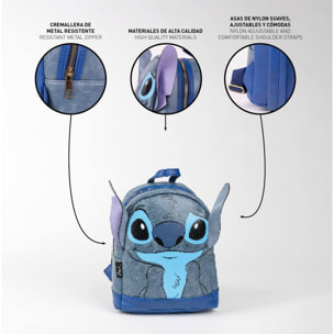 Mochila casual de stitch - color azul - 19,5x25x11 cm - fabricada en material sintético - diseño con orejas de stitch - estampado del personaje