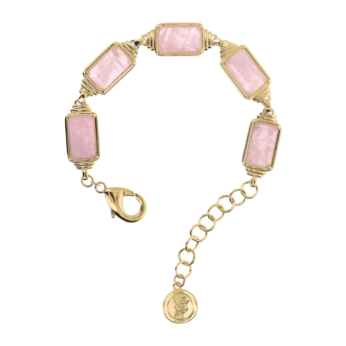 Bracciale Golden con Pietre Naturali Rettangolari di Quarzo Rosa Chiaro