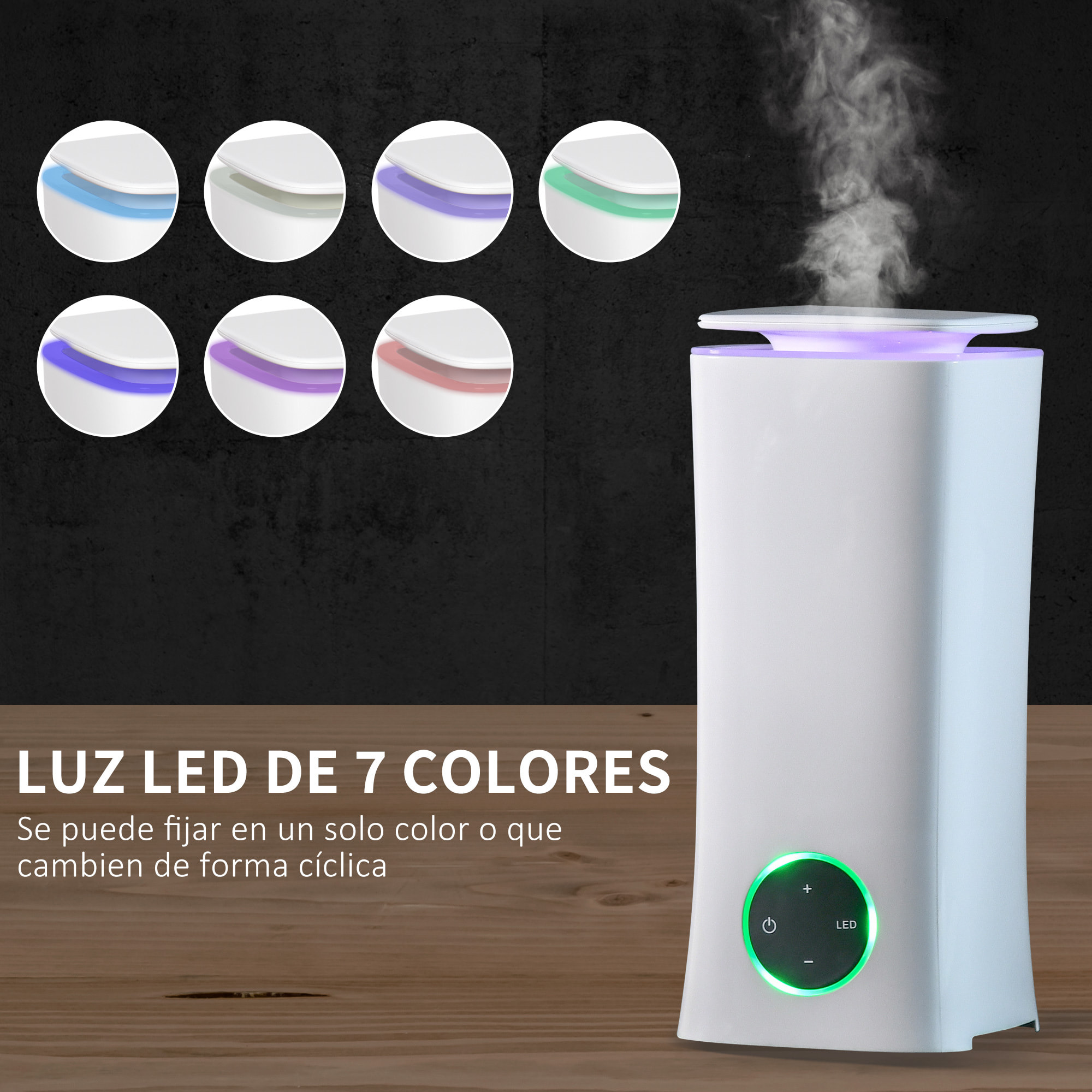 HOMCOM Humidificador Ultrasónico 2L con 3 Modos de Pulverización 7 Colores LED Ultra Silencioso para el Hogar Oficina 15x15x34 cm Blanco