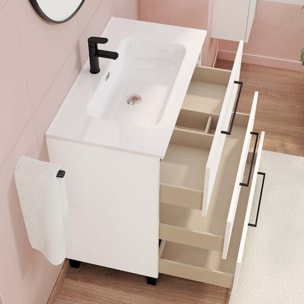 Conjunto de baño Haru | Mueble de baño con patas | 80 cm Blanco| Tres cajones | Lavabo encastrado | No incluye espejo | Alday
