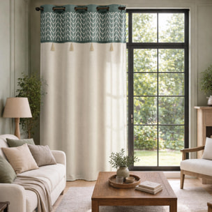 Rideau tamisant à œillets en polycoton jacquard avec pompons - Vert