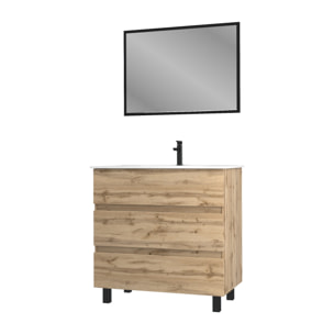 Meuble salle de bain 80x60 - Finition chene naturel + vasque blanche + miroir - TIMBER 80 - Pack 45