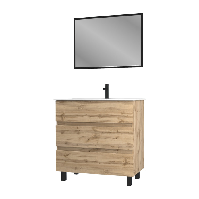 Meuble salle de bain 80x60 - Finition chene naturel + vasque blanche + miroir - TIMBER 80 - Pack 45