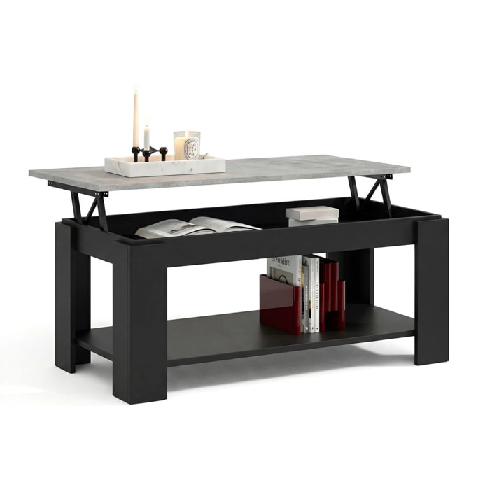 Mesa de centro elevable con almacenaje en negro mate y gris cemento 102x43-54 cm Lya Negro Mate - Gris Cemento
