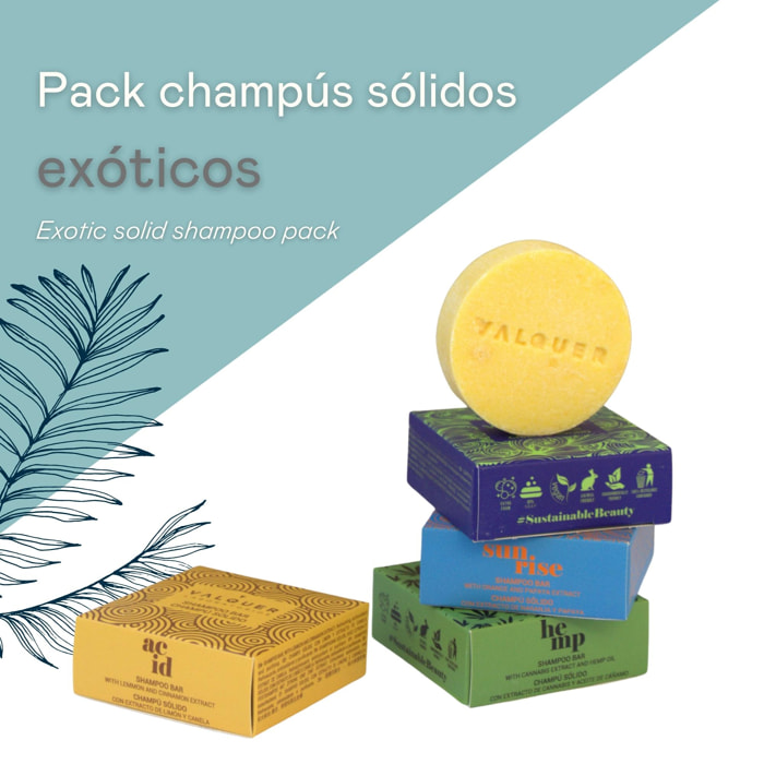 Valquer Pack 4 champús sólidos exóticos: Acid, Luxe, Sunrise y Hemp - 4 uds x 50 Gr