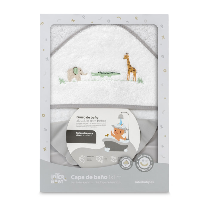 Capa Baño 1X1 Mod Savanna Bordado+ Gorro Bco/Gris