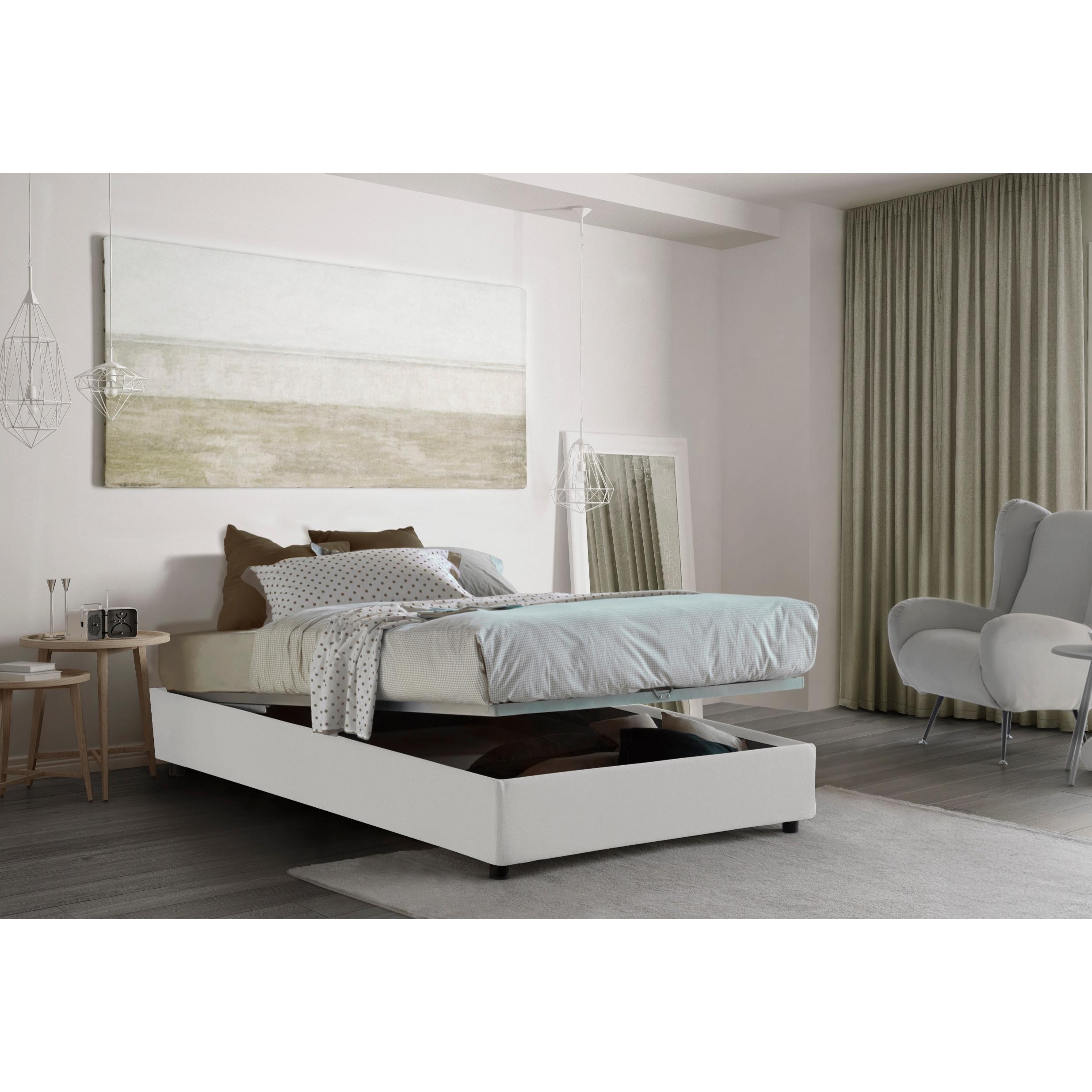 Letto piazza e mezza Chiara, Letto contenitore con rivestimento in tessuto, 100% Made in Italy, Apertura frontale, con materasso Cm 120x190 incluso, Bianco