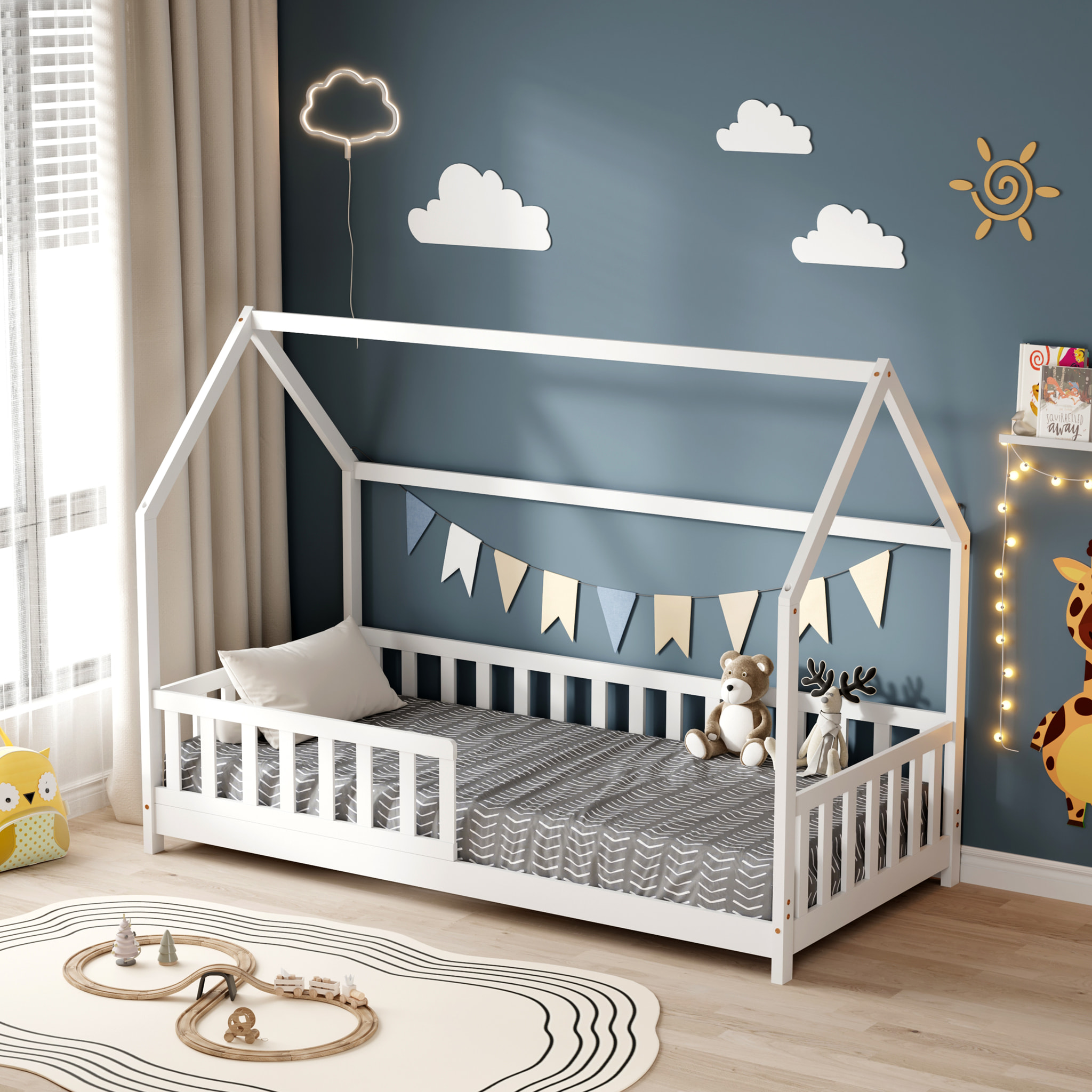 Lit Cabane Tchoupi 90 x 190 cm, Blanc, Bois de Pin Naturel, avec barrières latérales de sécurité