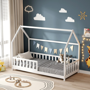 Lit Cabane Tchoupi 90 x 190 cm, Blanc, Bois de Pin Naturel, avec barrières latérales de sécurité