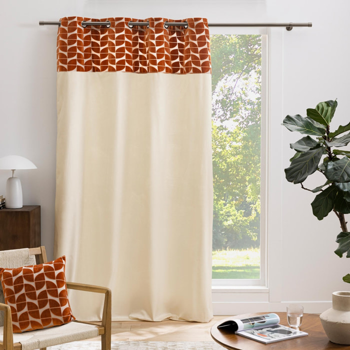 Rideau tamisant à œillets en velours avec bandeau géométrique - Orange