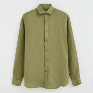 Camicia verde in lino regular fit con toppa Polo Club