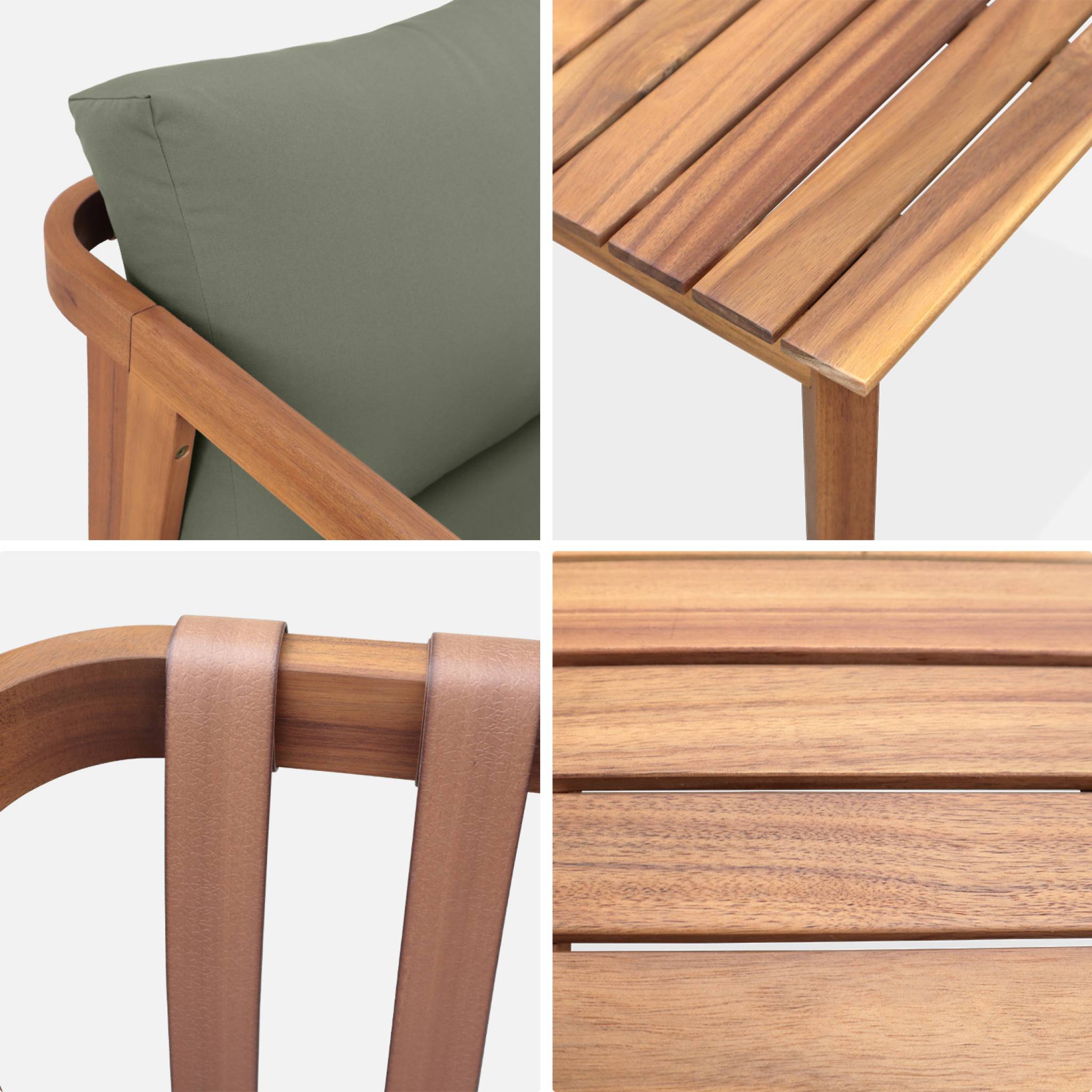 Salon de jardin kaki foncé 4 places LOBERIA. bois d'acacia dossier avec lanières effet cuir