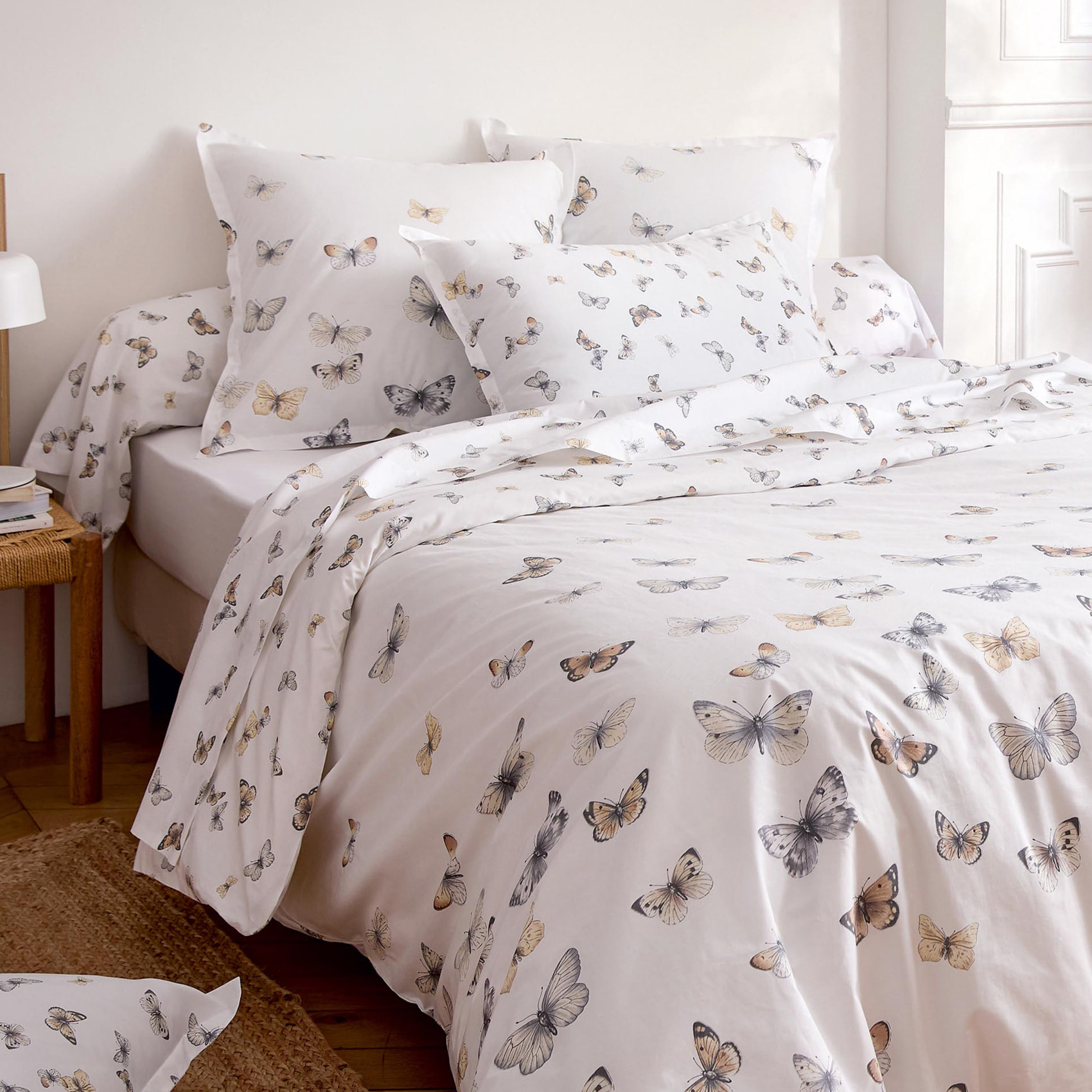 Housse de couette percale de coton 80 fils motif papillons - Blanc