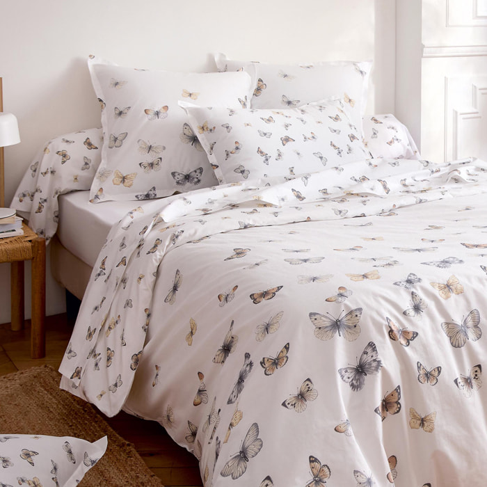 Housse de couette percale de coton 80 fils motif papillons - Blanc