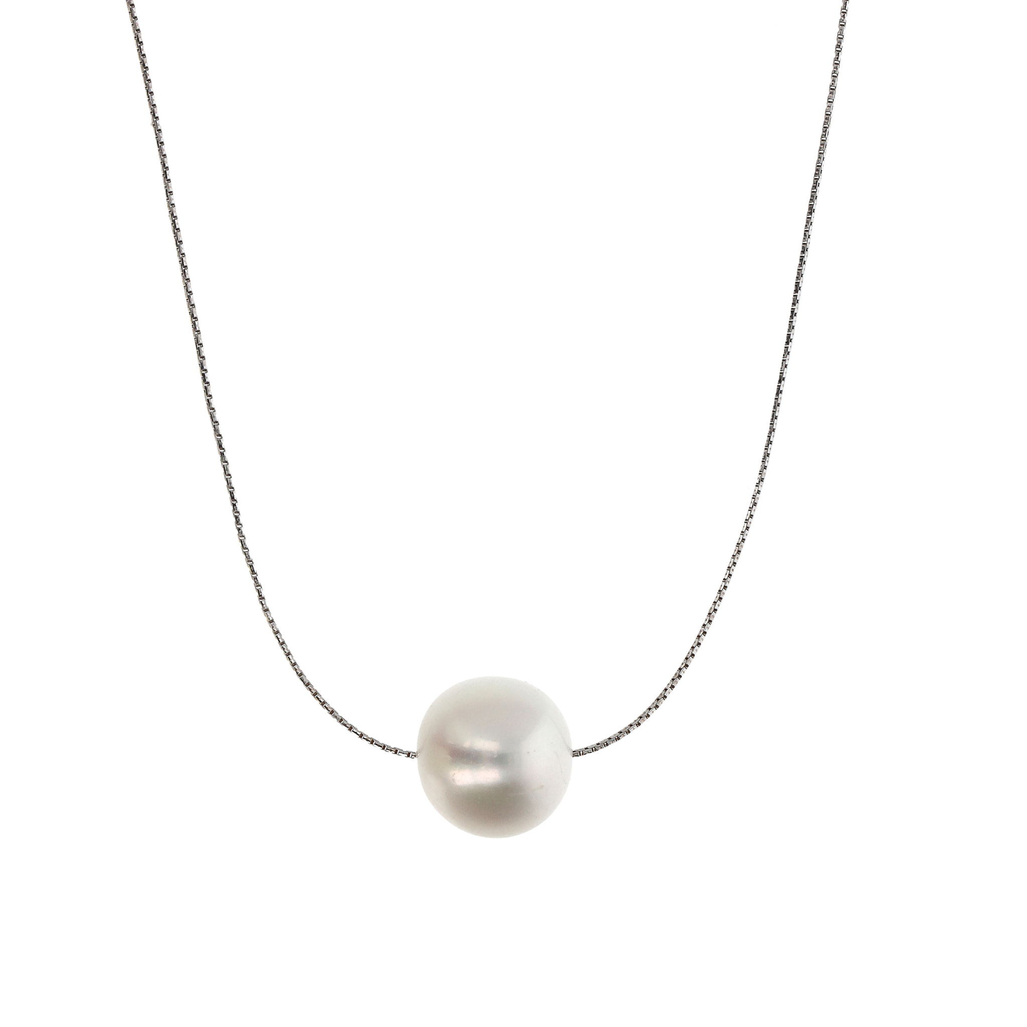 PERLAVIVA - Collana Lunga in Argento 925 placcato Oro Bianco 18Kt con Perla Bianca d'Acqua Dolce Ø11mm