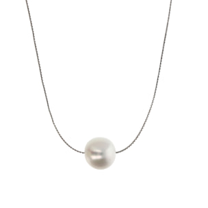 PERLAVIVA - Collana Lunga in Argento 925 placcato Oro Bianco 18Kt con Perla Bianca d'Acqua Dolce Ø11mm