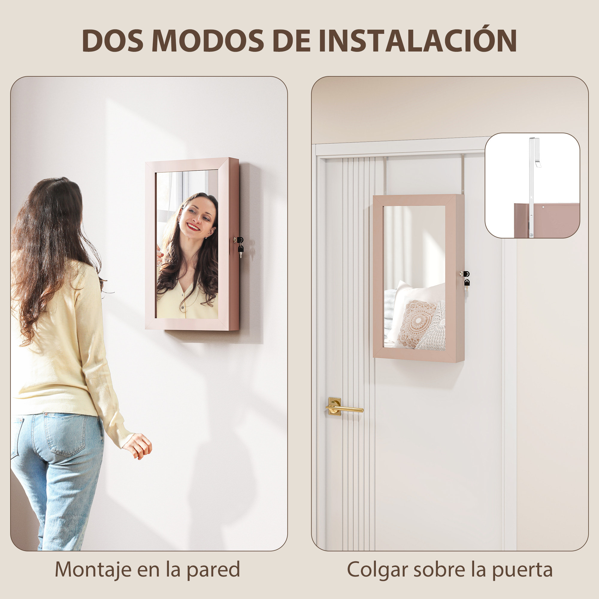 Espejo Joyero de Pared Armario para Joyas con Cerradura y Varios Compartimentos Montar en Pared o Puerta para Pendiente Collar Anillo Pulsera Rosa y Forro Beige