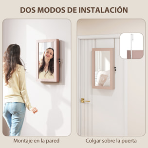 Espejo Joyero de Pared Armario para Joyas con Cerradura y Varios Compartimentos Montar en Pared o Puerta para Pendiente Collar Anillo Pulsera Rosa y Forro Beige