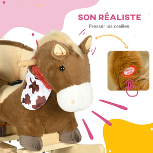 Cheval à bascule cowboy siège grand confort intégré avec ceinture bandanas effet sonore bois peluche marron