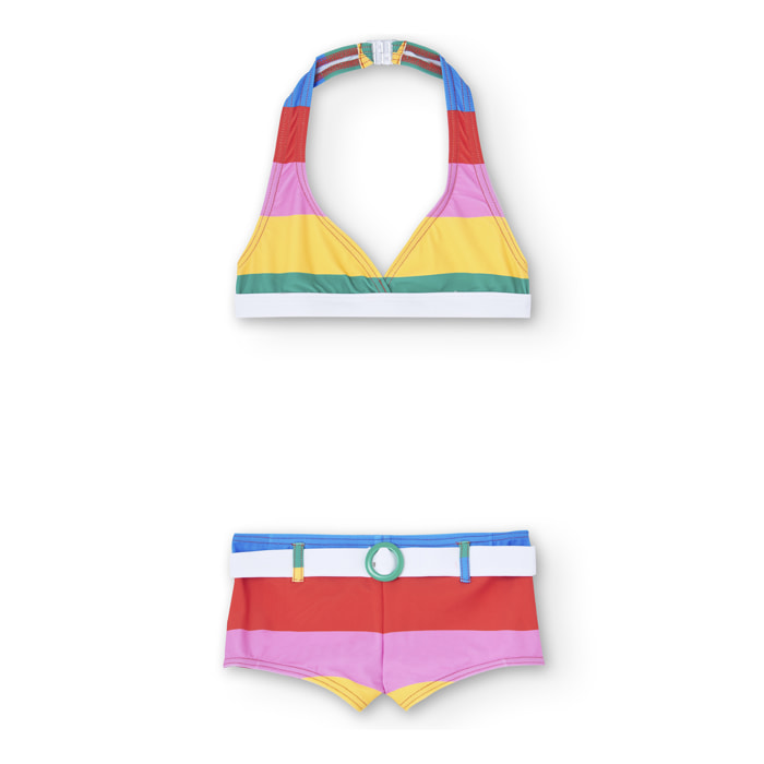 Bikini listado niña estampado de rayas, color rosa