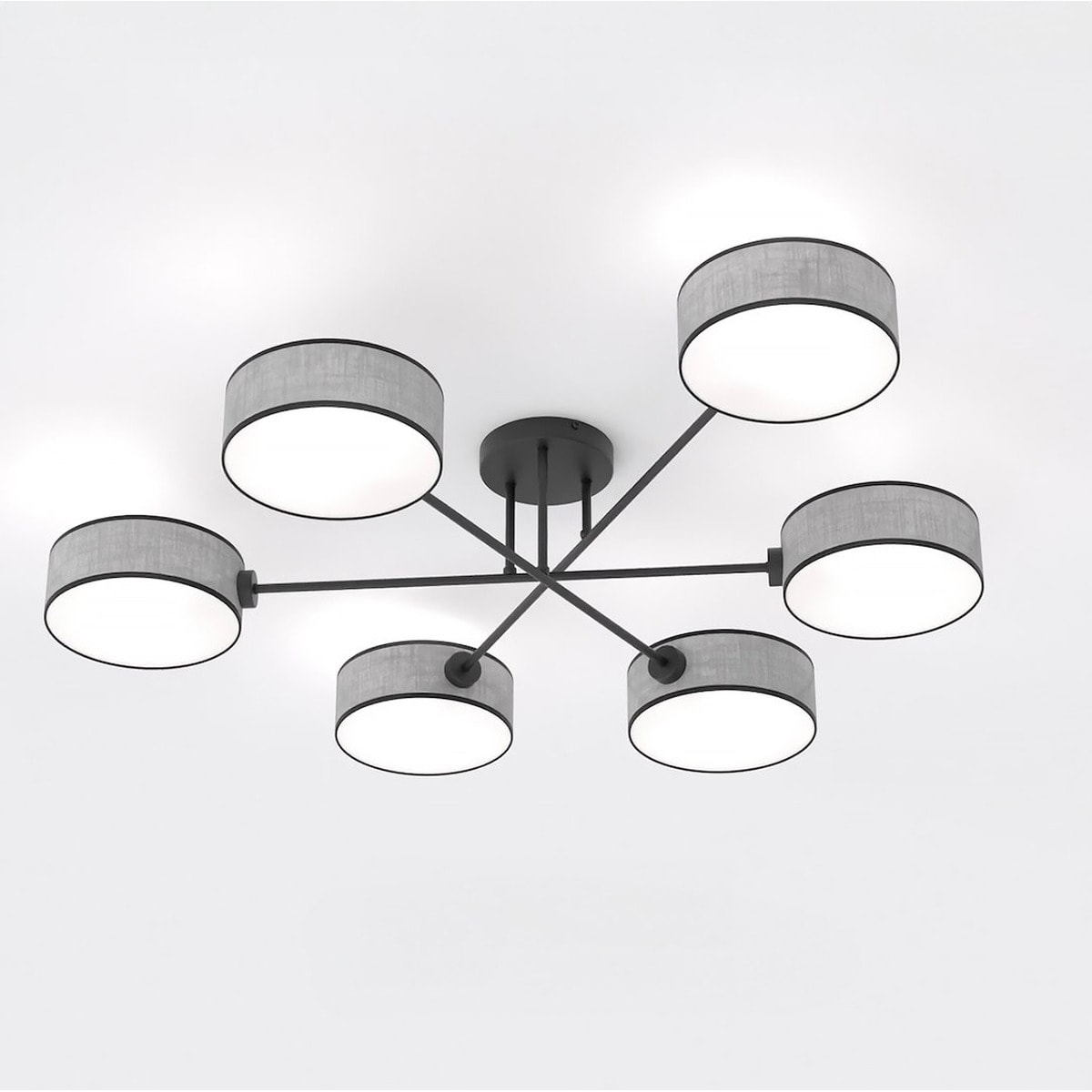 Lampada a sospensione Maga a sei bracci in acciaio nero e tessuto grigio